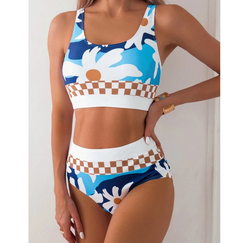 Boho Floral Checkered Print High Waisted Beach Bikini